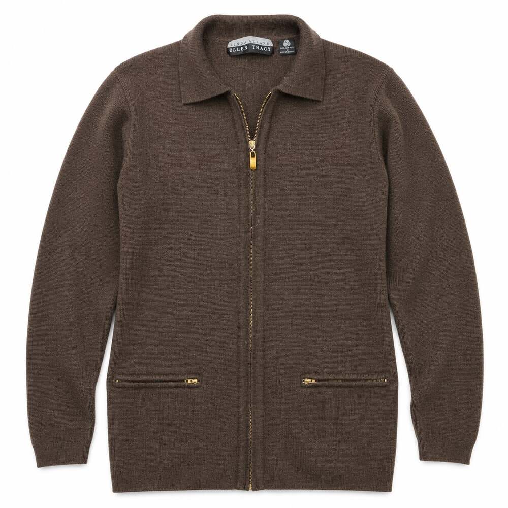 Linda Allard Ellen Tracy 100% Pure Wool Full Zip Collared Sweater Brown Size L